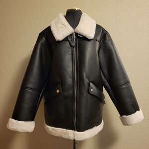 NWT Joie Black & White Faux Leather Faux Fur Coat Size Large